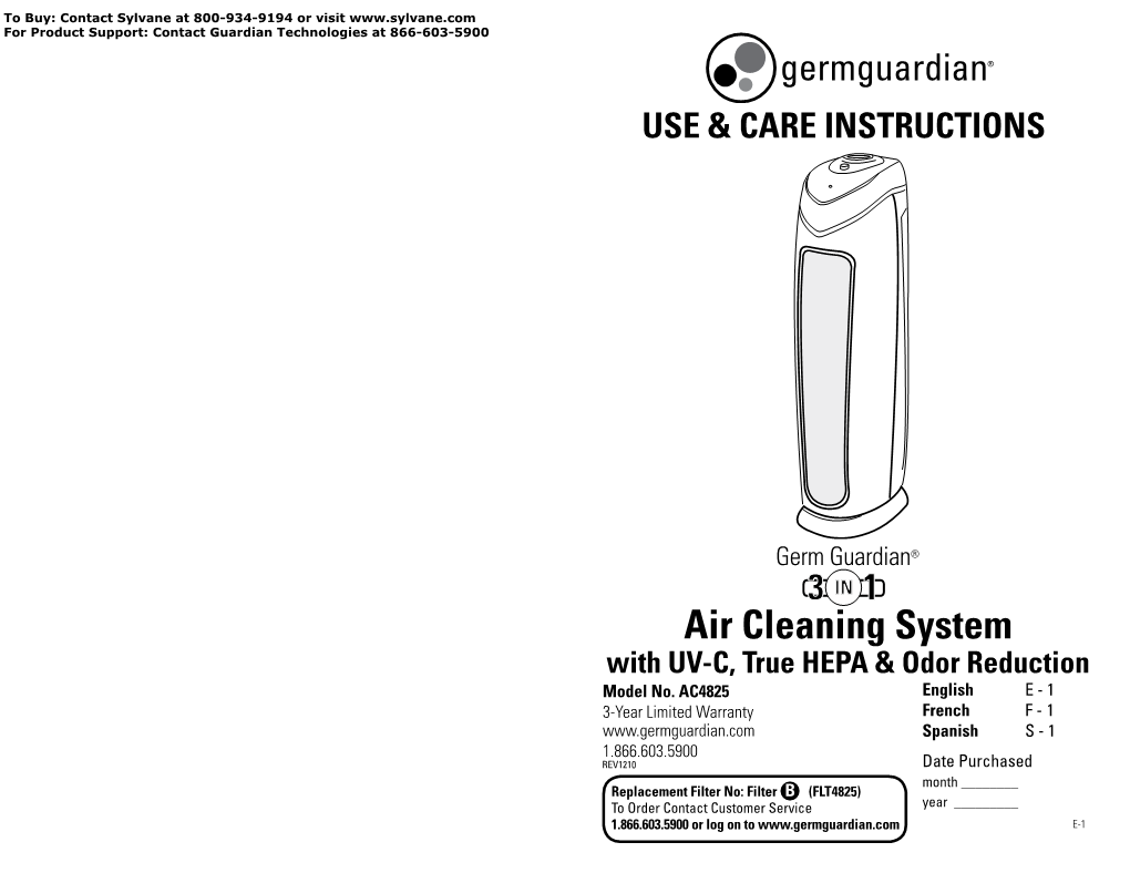 Air Cleaning System with UV-C, True HEPA & Odor Reduction Model No