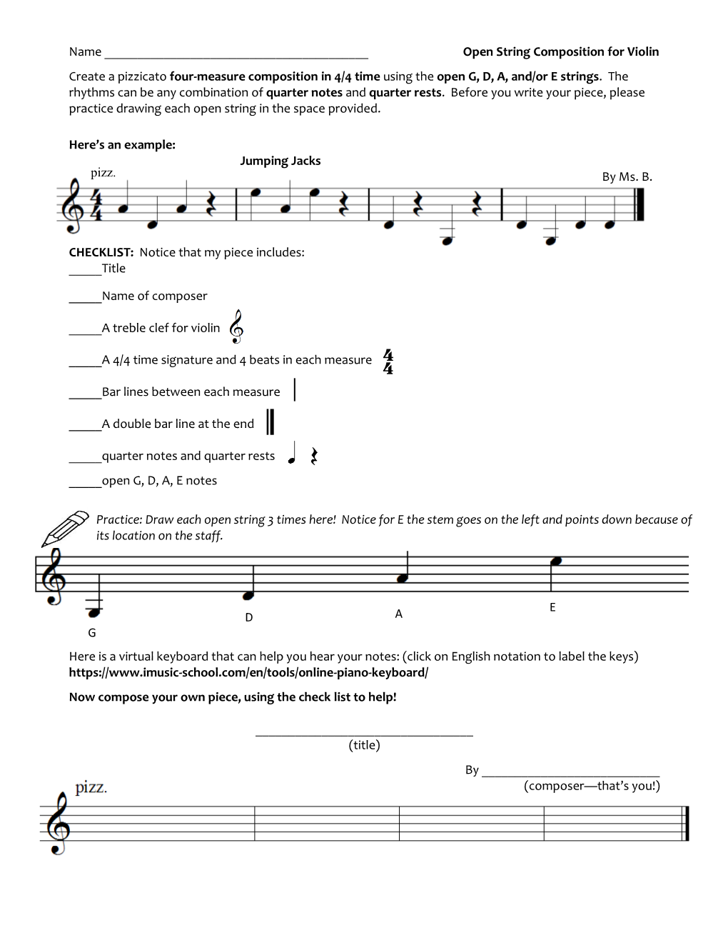 Open String Composition for Violin Create a Pizzicato Four-Measure