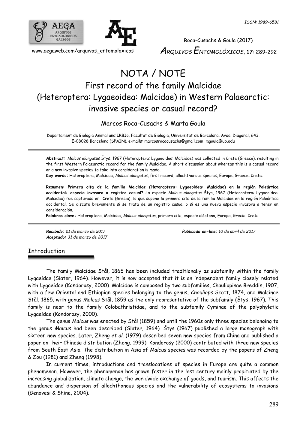 Arquivos Entomolóxicos, 17: 289-292