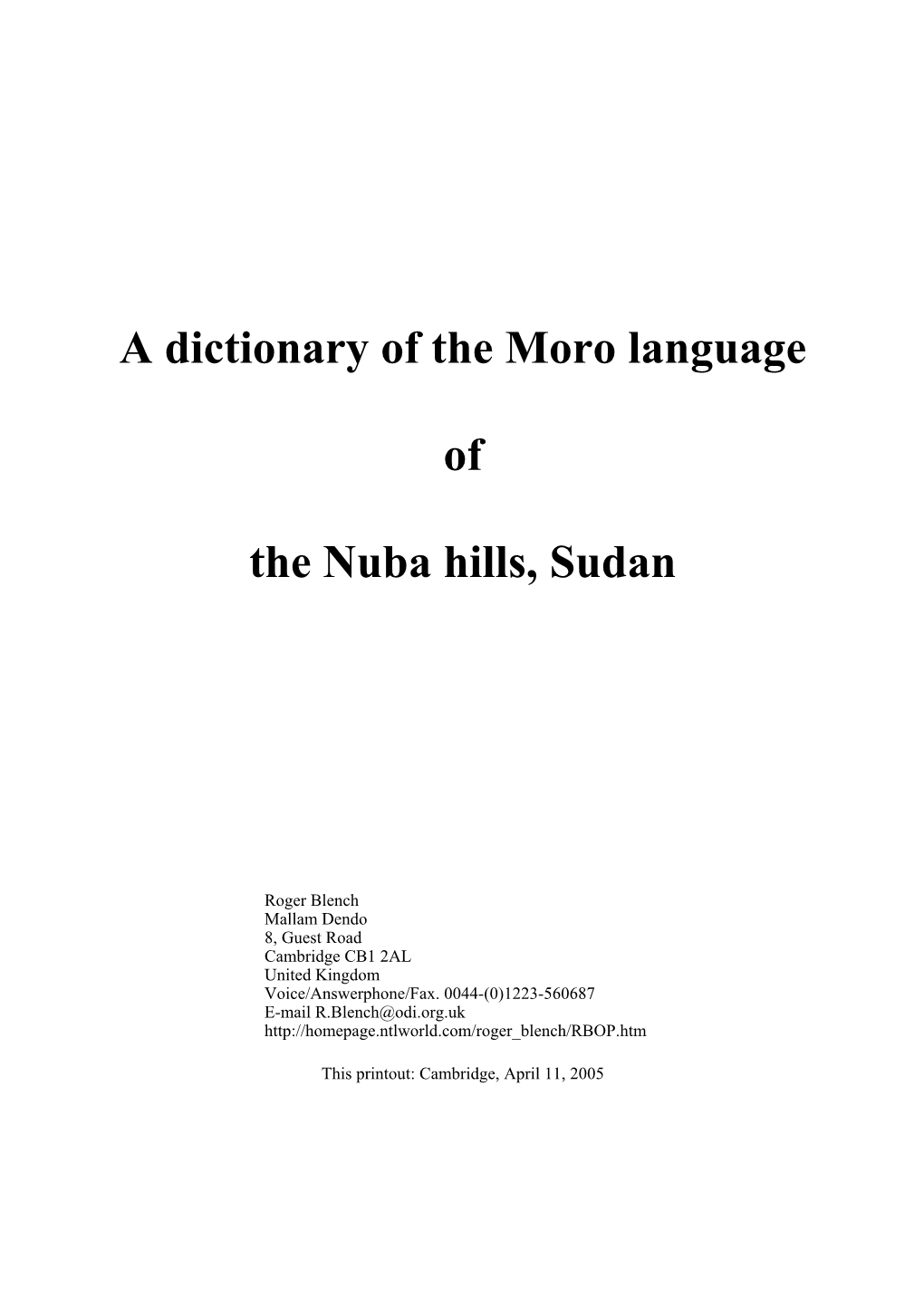 A Dictionary of the Moro Language of the Nuba Hills, Sudan