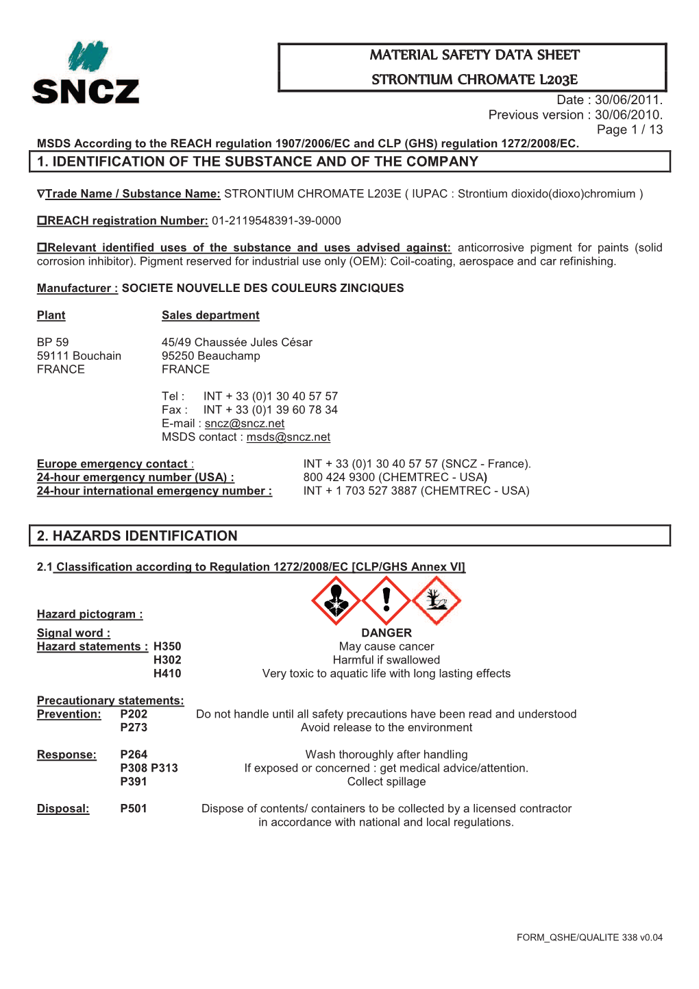 Material Safety Data Sheet Strontium Chromate L203e