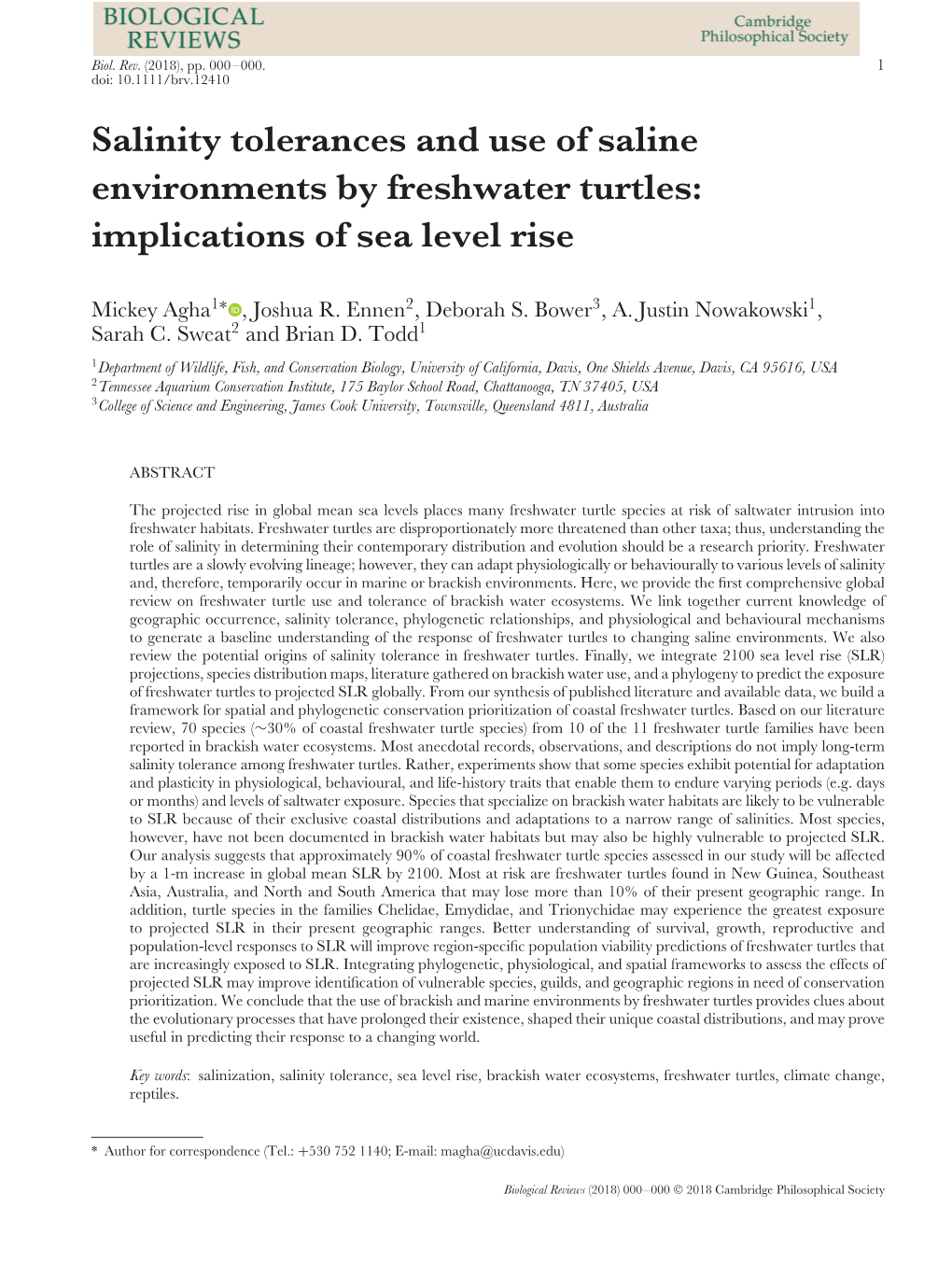 Salinity Tolerances and Use of Saline Environments by Freshwater Turtles: Implications of Sea Level Rise