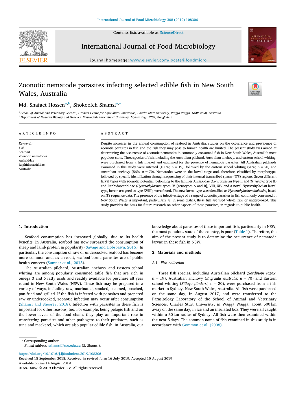 International Journal of Food Microbiology Zoonotic Nematode