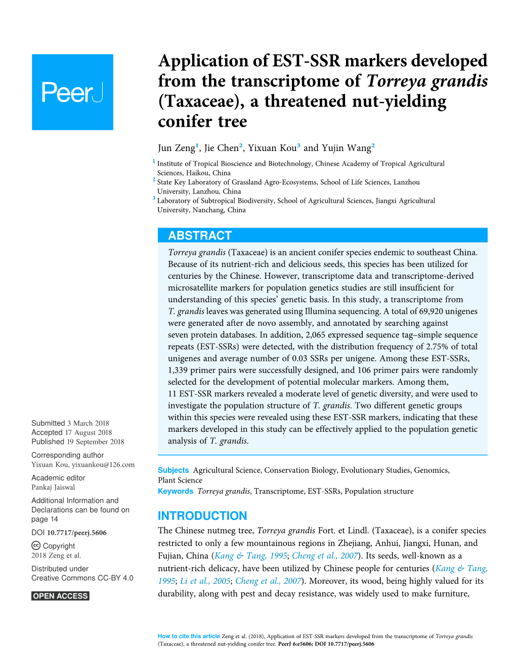 Application of EST-SSR Markers Developed from the Transcriptome of Torreya Grandis (Taxaceae), a Threatened Nut-Yielding Conifer Tree