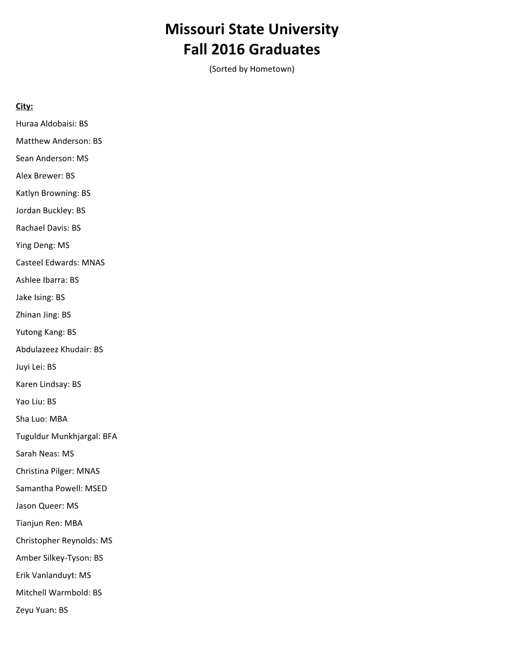 Missouri State University Fall 2016 Graduates (Sorted by Hometown)