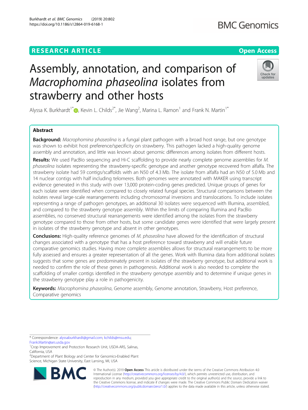 Assembly, Annotation, and Comparison of Macrophomina Phaseolina Isolates from Strawberry and Other Hosts Alyssa K