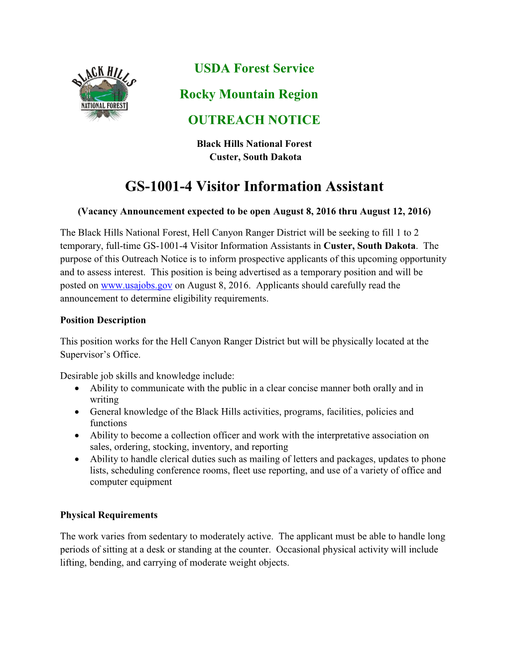 GS-1001-4 Visitor Information Assistant