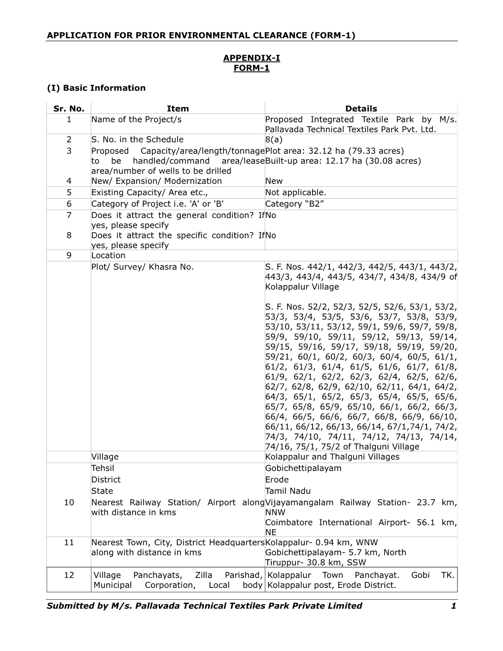 (FORM-1) Submitted by M/S. Pallavada Technical Textiles Park