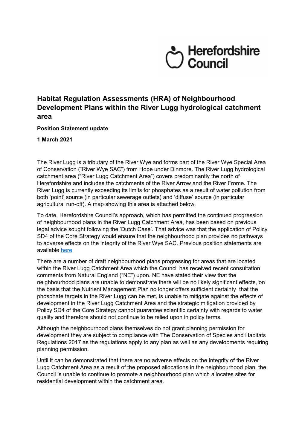 River Lugg Catchment Area Position Paper