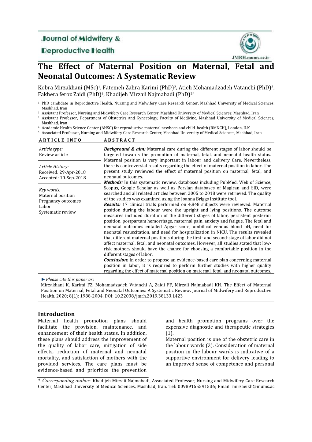 The Effect of Maternal Position on Maternal, Fetal and Neonatal