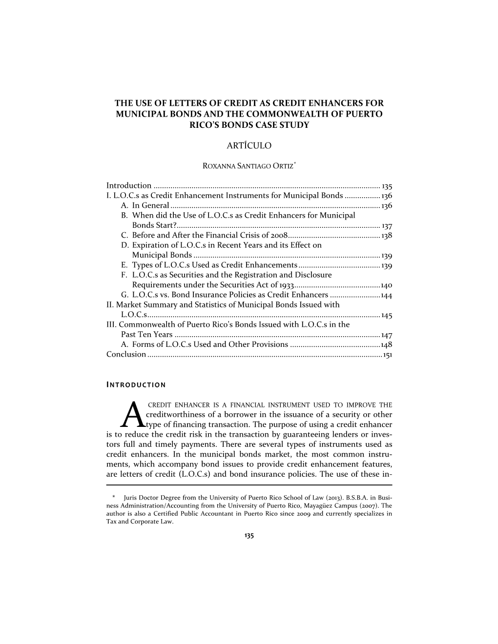 The Use of Letters of Credit As Credit Enhancers for Municipal Bonds and the Commonwealth of Puerto Rico’S Bonds Case Study