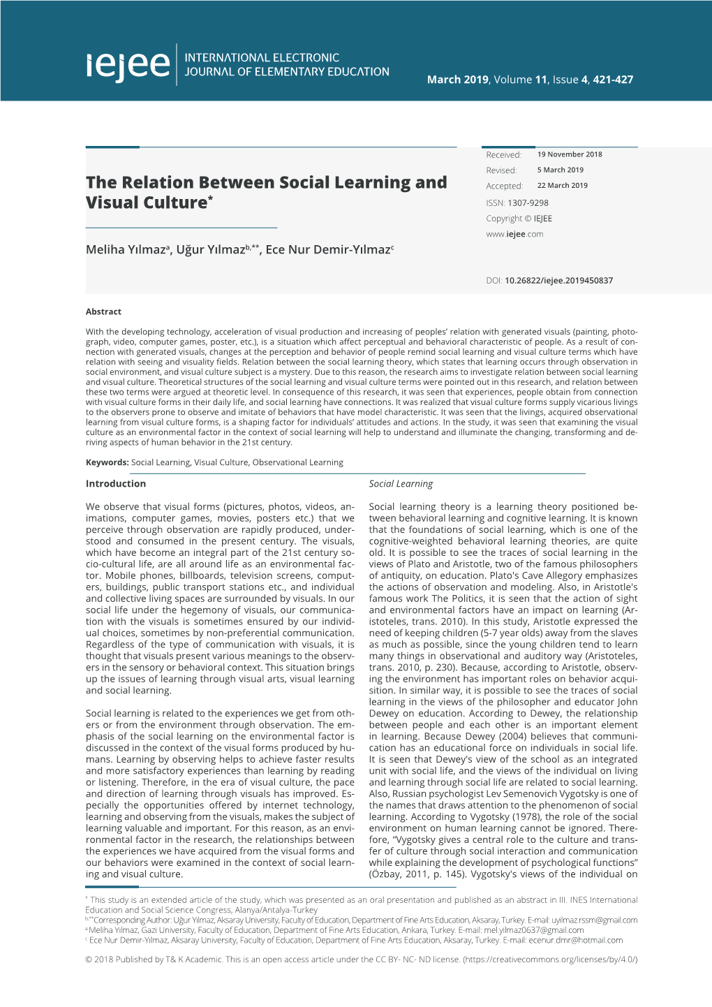 The Relation Between Social Learning and Visual Culture*