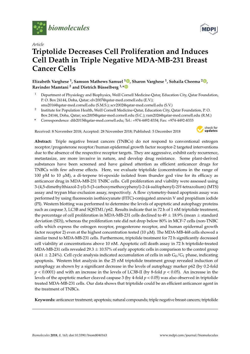 Triptolide Decreases Cell Proliferation and Induces Cell Death in Triple Negative MDA-MB-231 Breast Cancer Cells