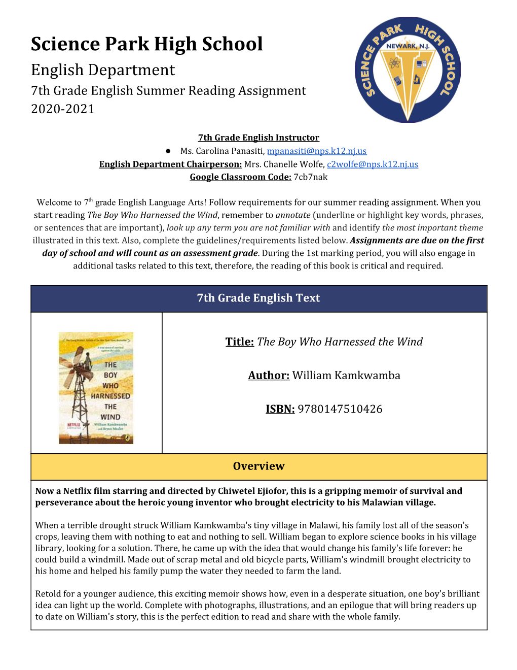 Science Park High School English Department 7Th Grade English Summer Reading Assignment 2020-2021