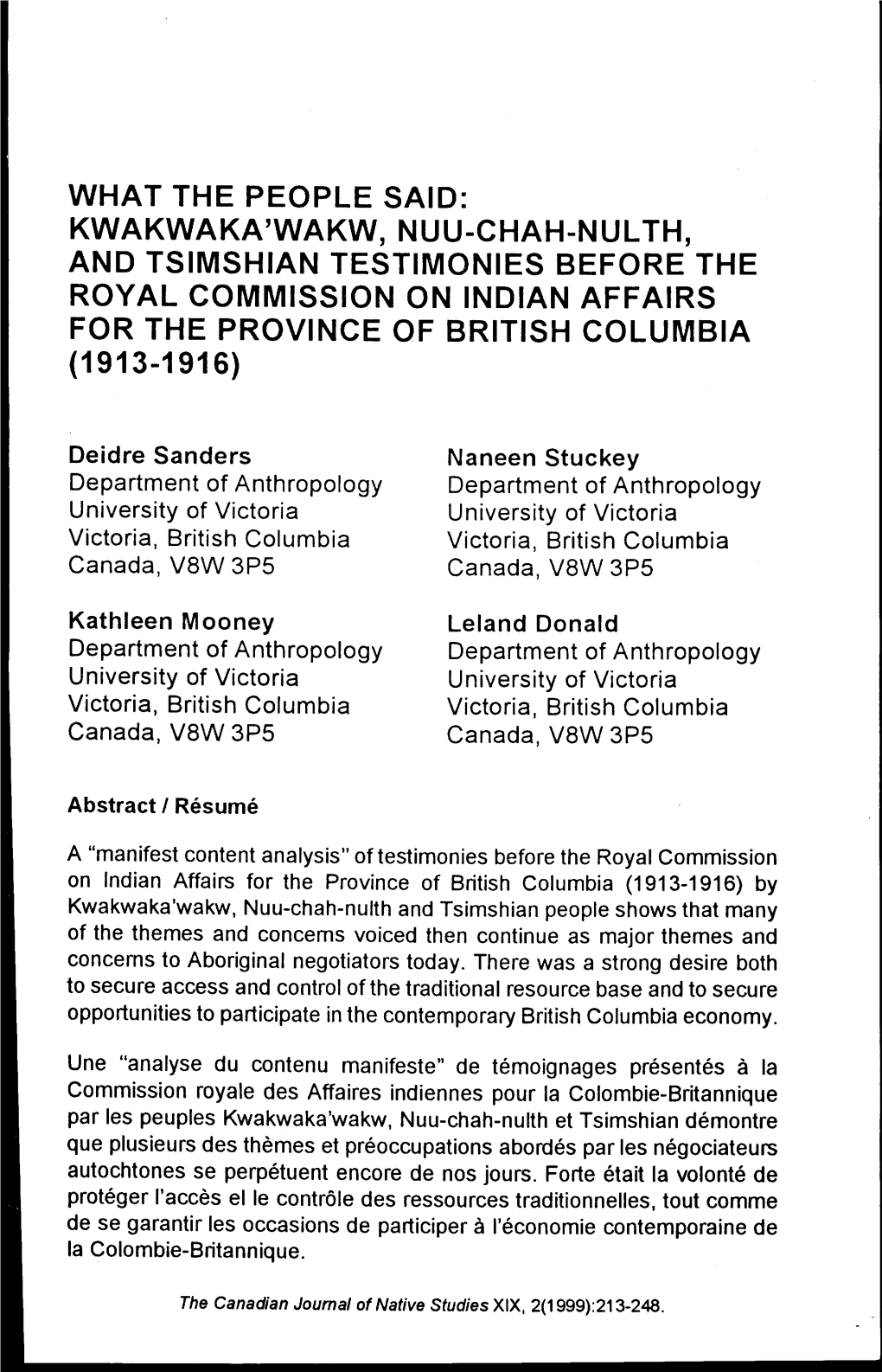 Kwakwaka'wakw, Nuu-Chah-Nulth, and Tsimshian Testimonies Before the Royal Commission on Indian Affairs for the Province of British Columbia (1913-1916)