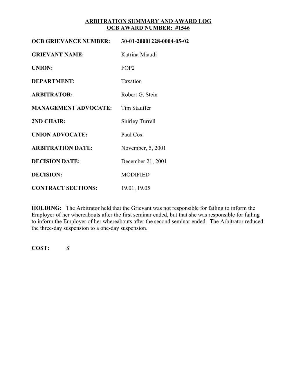 Arbitration Summary and Award Log s2