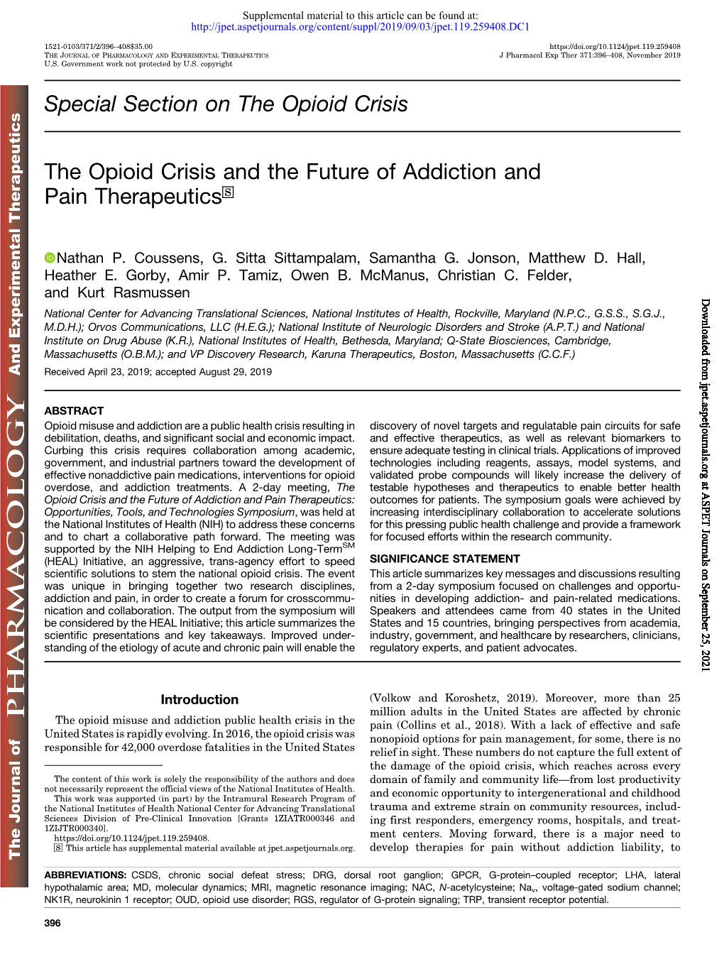 The Opioid Crisis and the Future of Addiction and Pain Therapeutics S