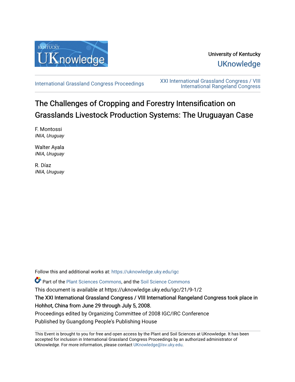 The Challenges of Cropping and Forestry Intensification on Grasslands Livestock Production Systems: the Uruguayan Case