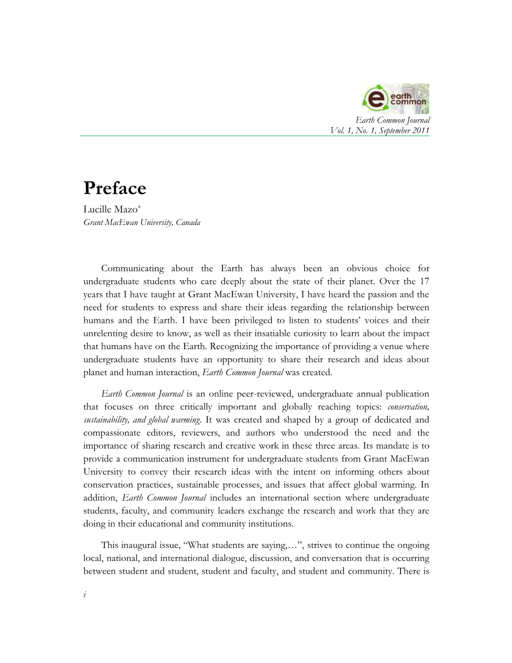 Preface Lucille Mazo* Grant Macewan University, Canada