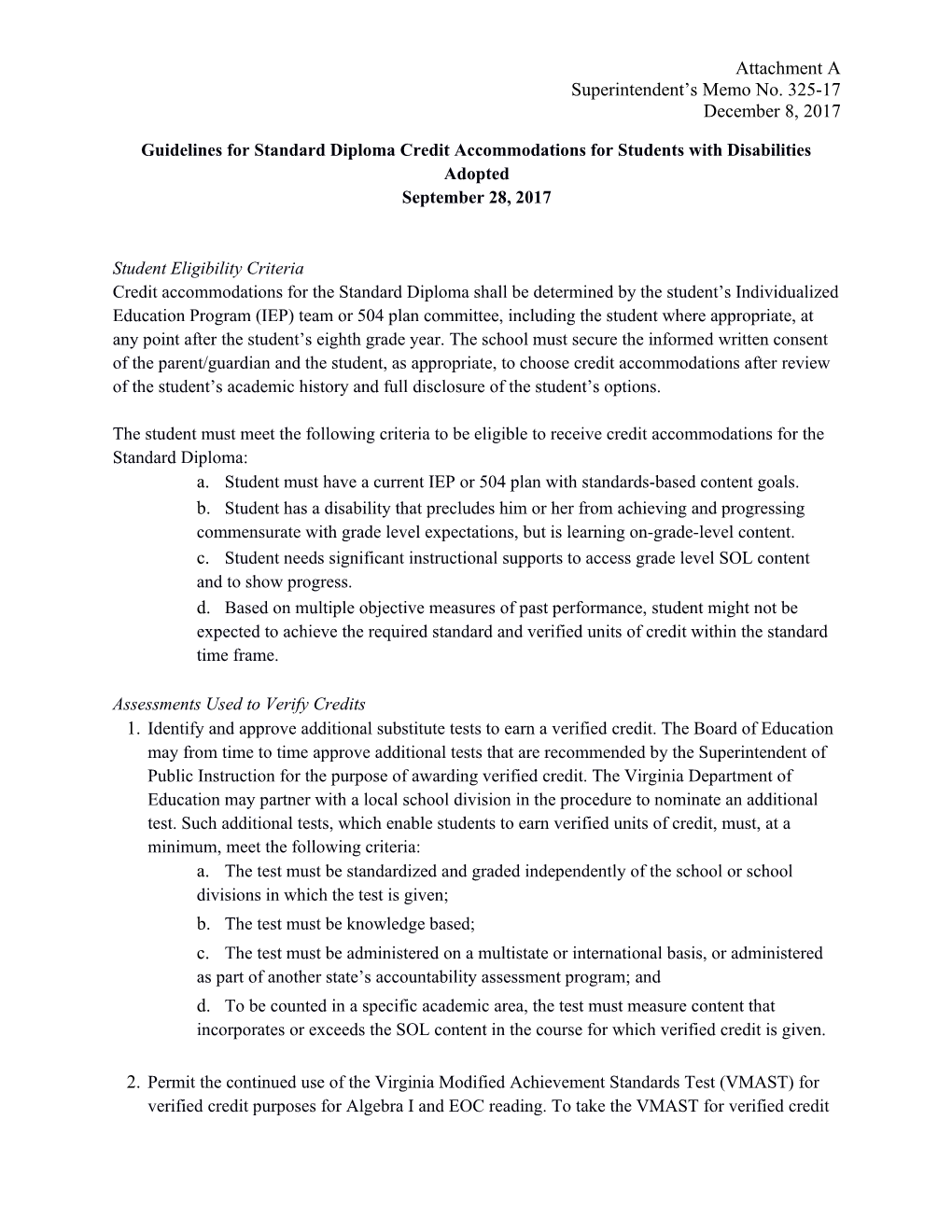 Guidelines for Standard Diploma Credit Accommodations for Students with Disabilities