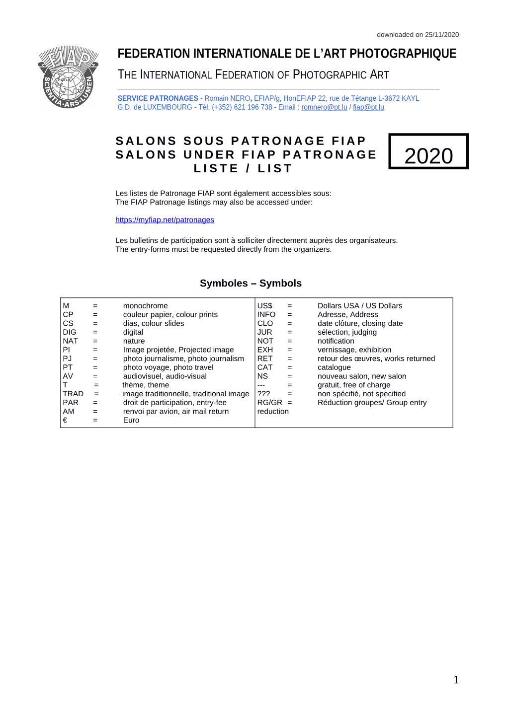 Salons Sous Patronage Fiap Salons Under Fiap Patronage 2020 Liste / List