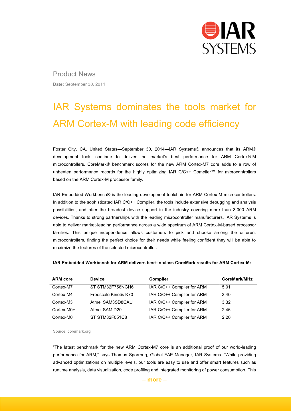 IAR Systems Dominates the Tools Market for ARM Cortex-M with Leading Code Efficiency