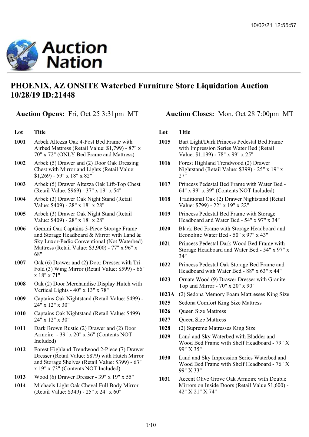 PHOENIX, AZ ONSITE Waterbed Furniture Store Liquidation Auction 10/28/19 ID:21448