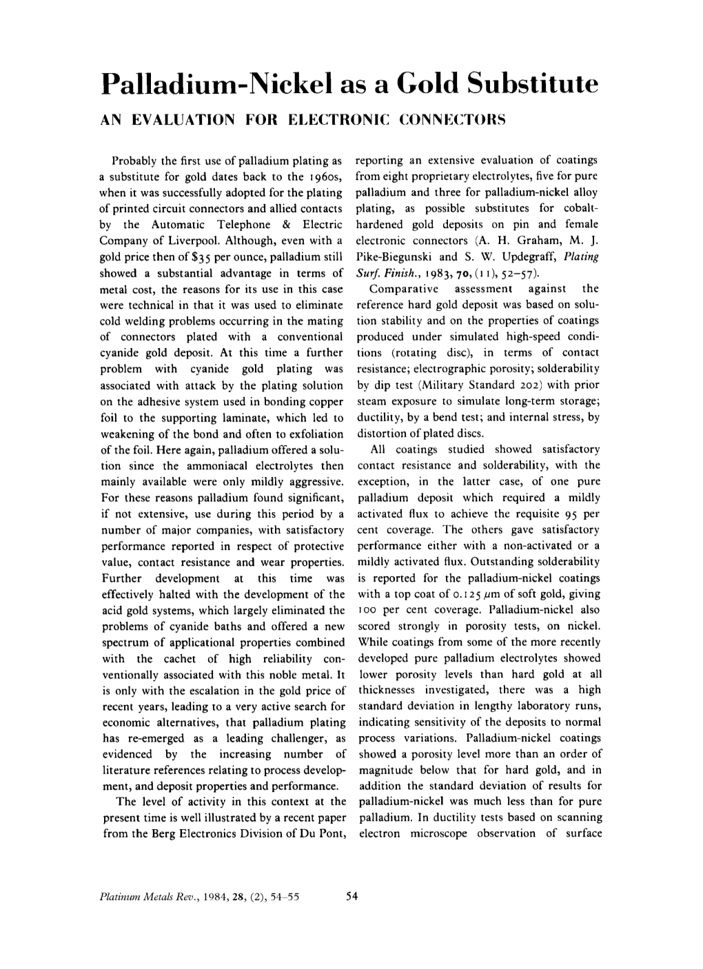 Palladium-Nickel As a Gold Substitute an EVALUATION for ELECTRONIC CONNECTOHS