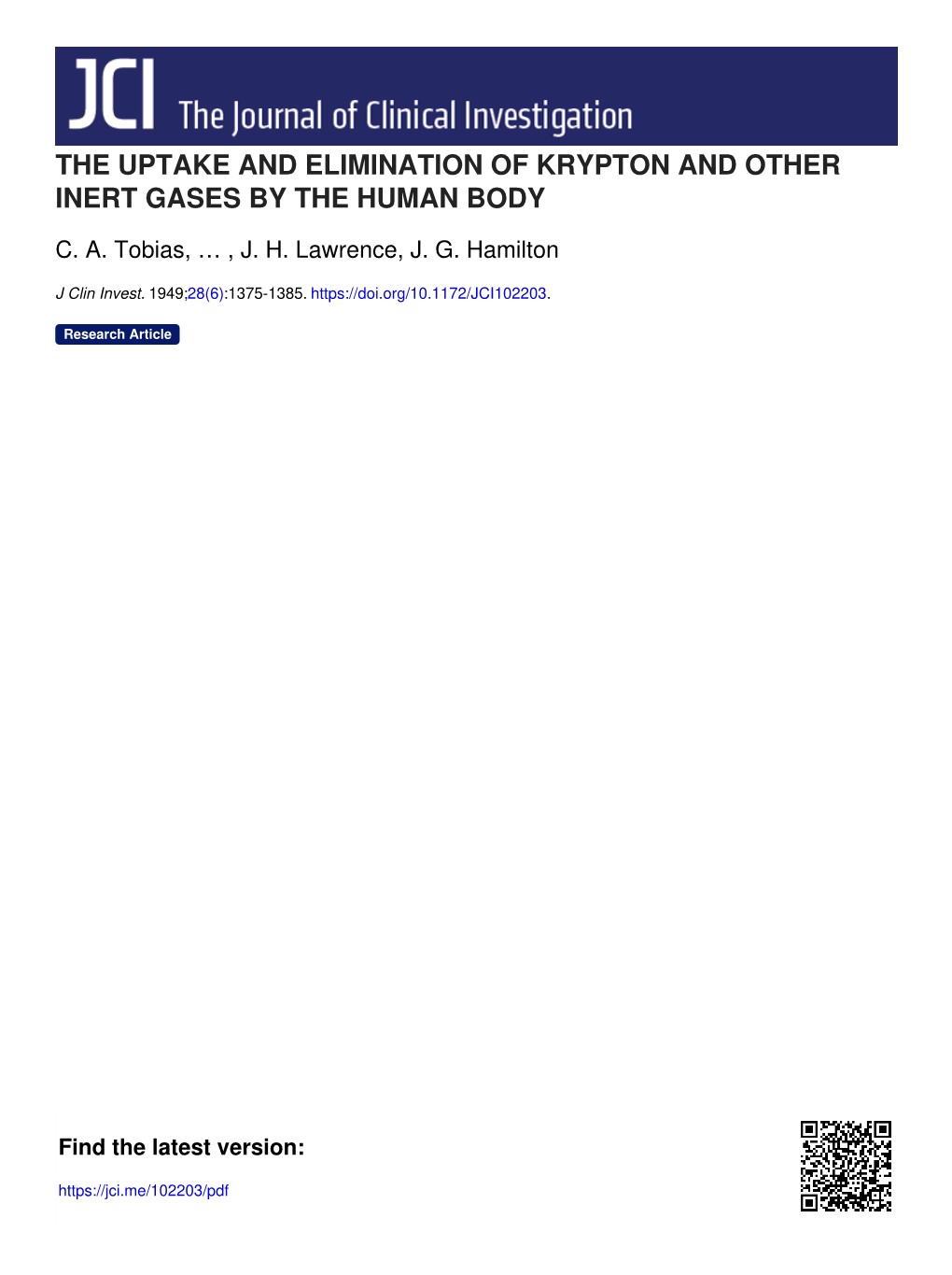 The Uptake and Elimination of Krypton and Other Inert Gases by the Human Body