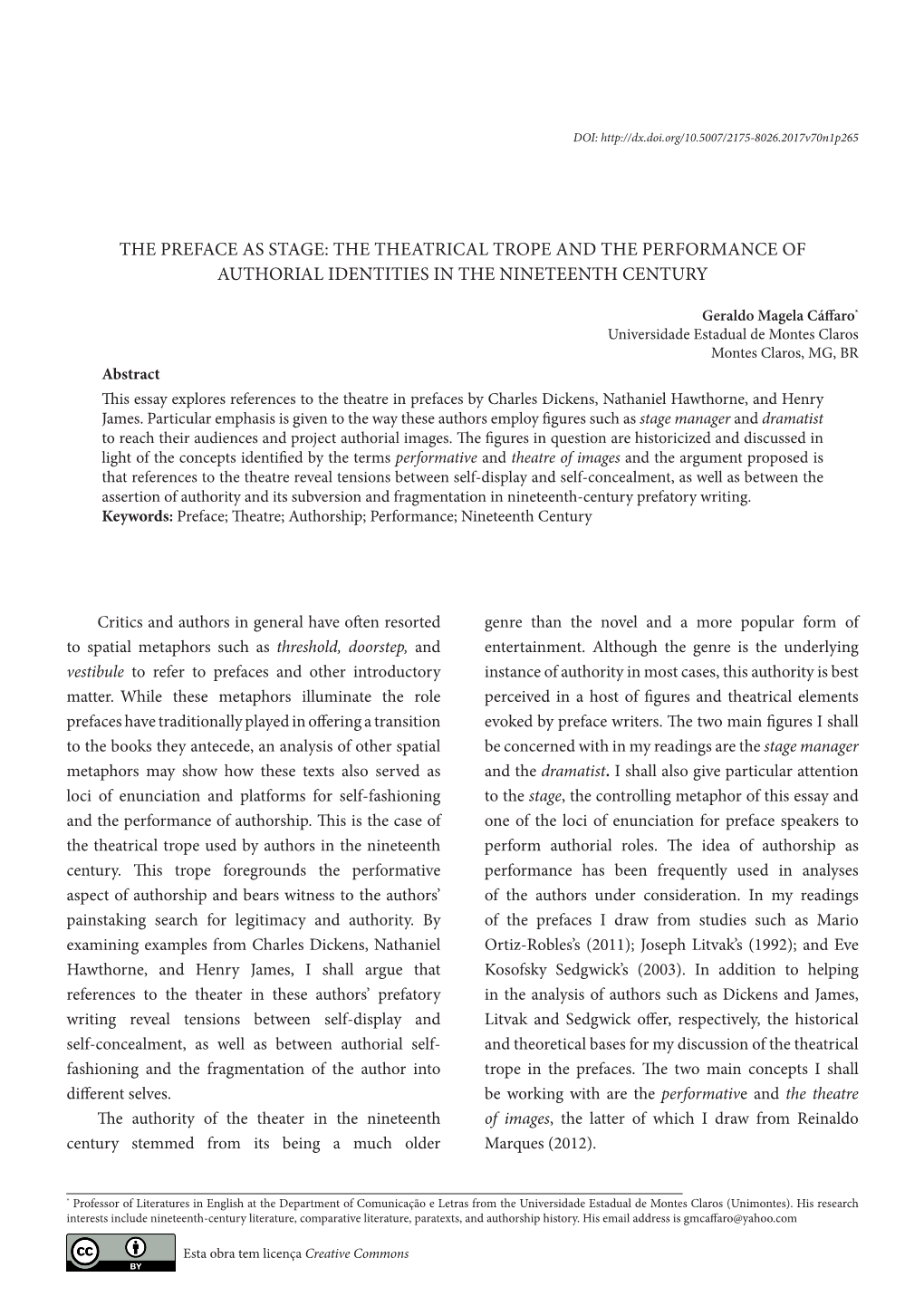 The Preface As Stage: the Theatrical Trope and the Performance of Authorial Identities in the Nineteenth Century