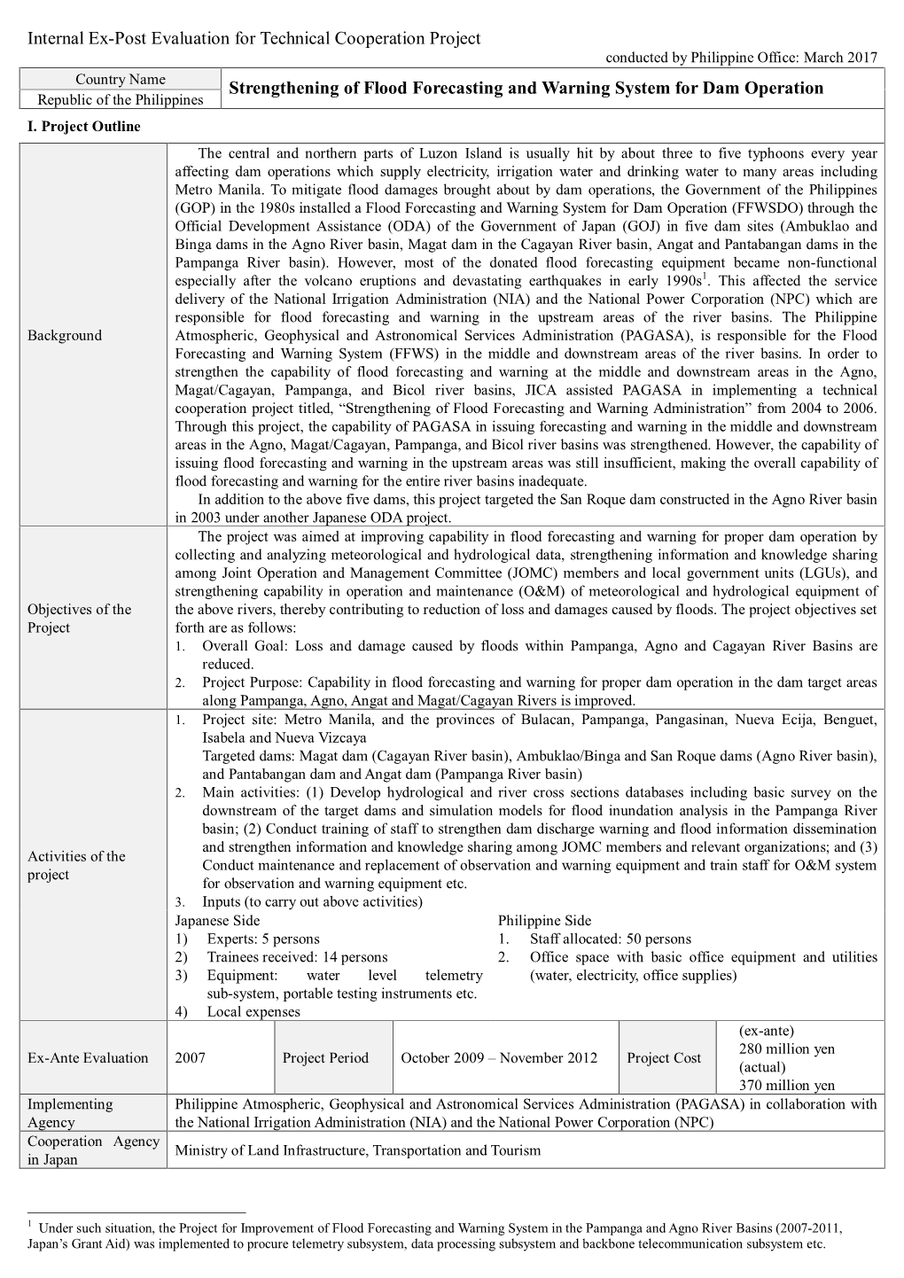 Internal Ex-Post Evaluation for Technical Cooperation Project