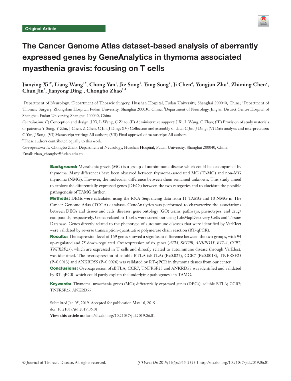The Cancer Genome Atlas Dataset-Based Analysis of Aberrantly Expressed Genes by Geneanalytics in Thymoma Associated Myasthenia Gravis: Focusing on T Cells