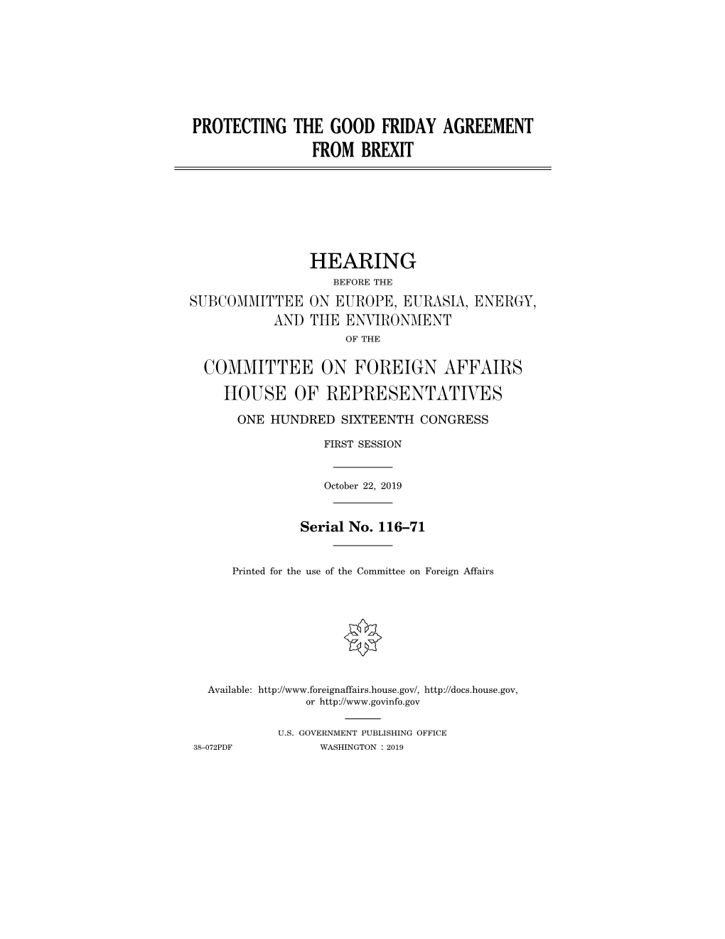 Protecting the Good Friday Agreement from Brexit Hearing Committee on Foreign Affairs House of Representatives