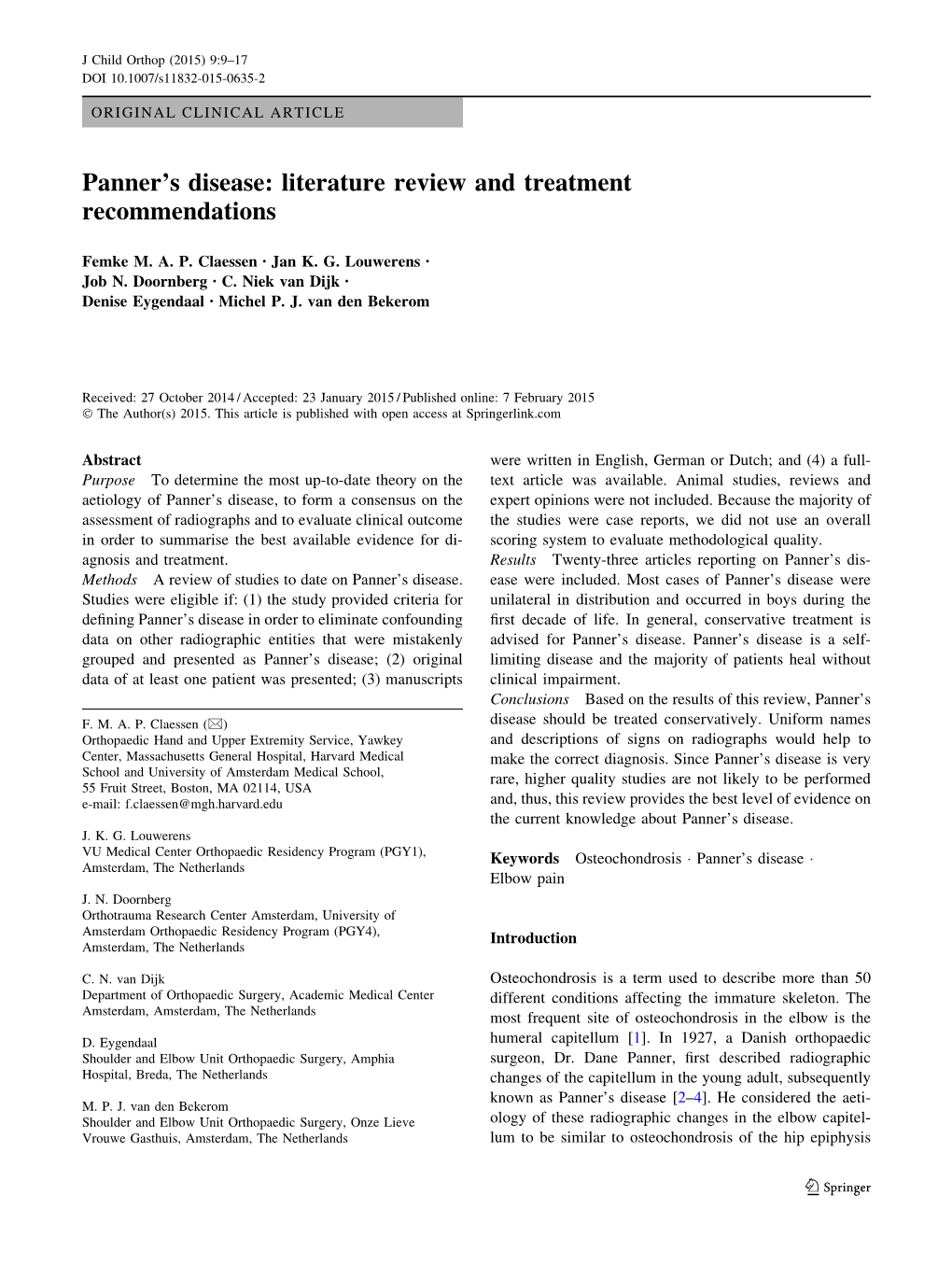 Panner's Disease: Literature Review and Treatment Recommendations