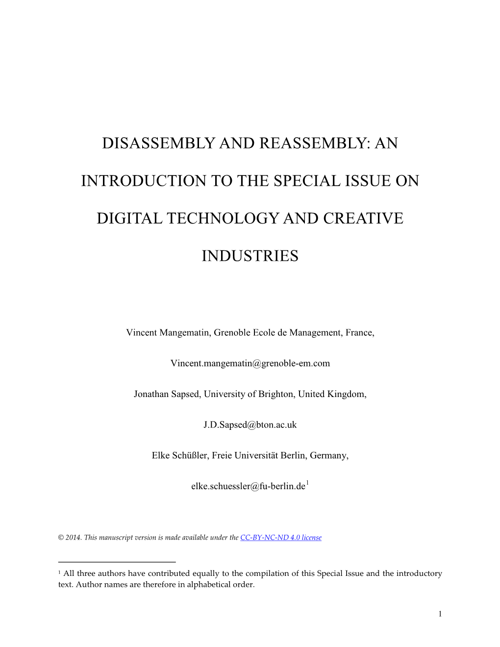 Disassembly and Reassembly: an Introduction to the Special Issue on Digital Technology and Creative Industries