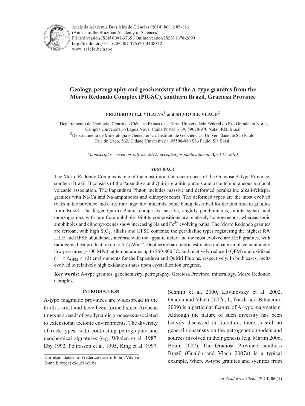 Geology, Petrography and Geochemistry of the A-Type Granites from the Morro Redondo Complex (PR-SC), Southern Brazil, Graciosa Province