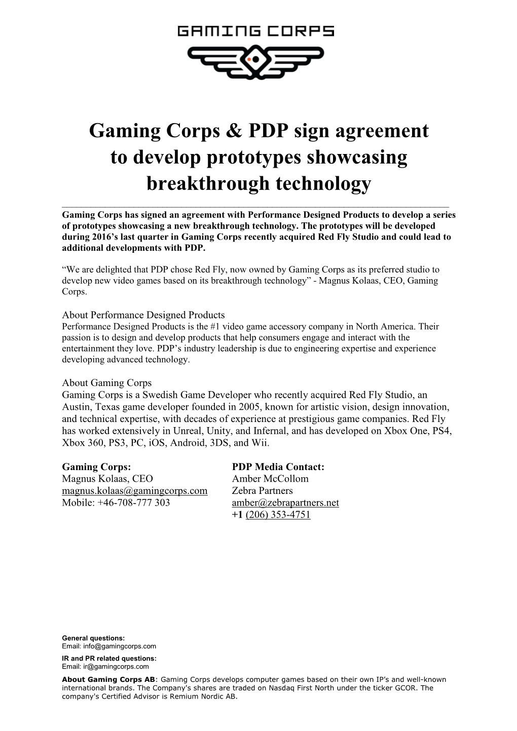 Gaming Corps & PDP Sign Agreement to Develop Prototypes Showcasing