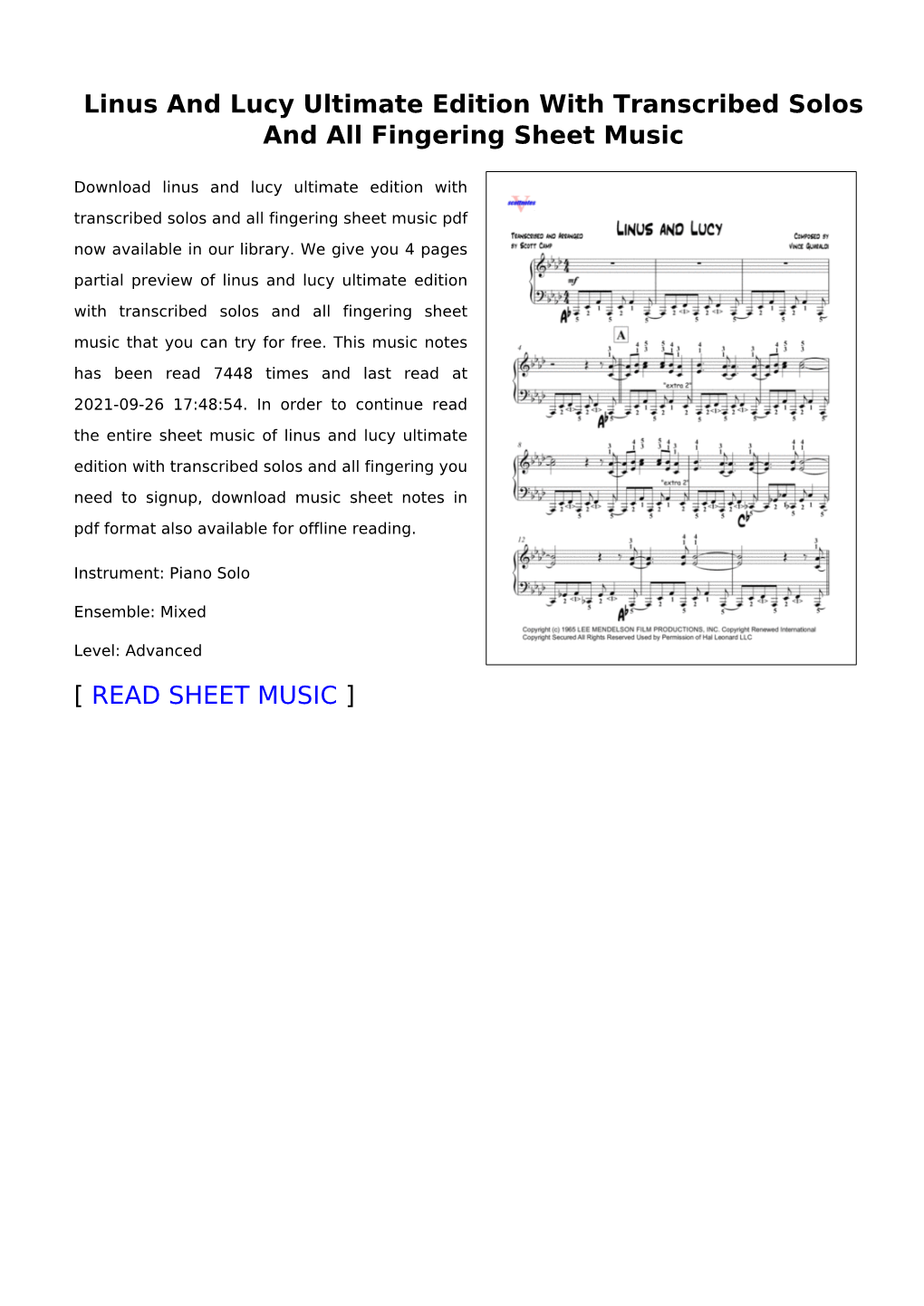 Linus and Lucy Ultimate Edition with Transcribed Solos and All Fingering Sheet Music