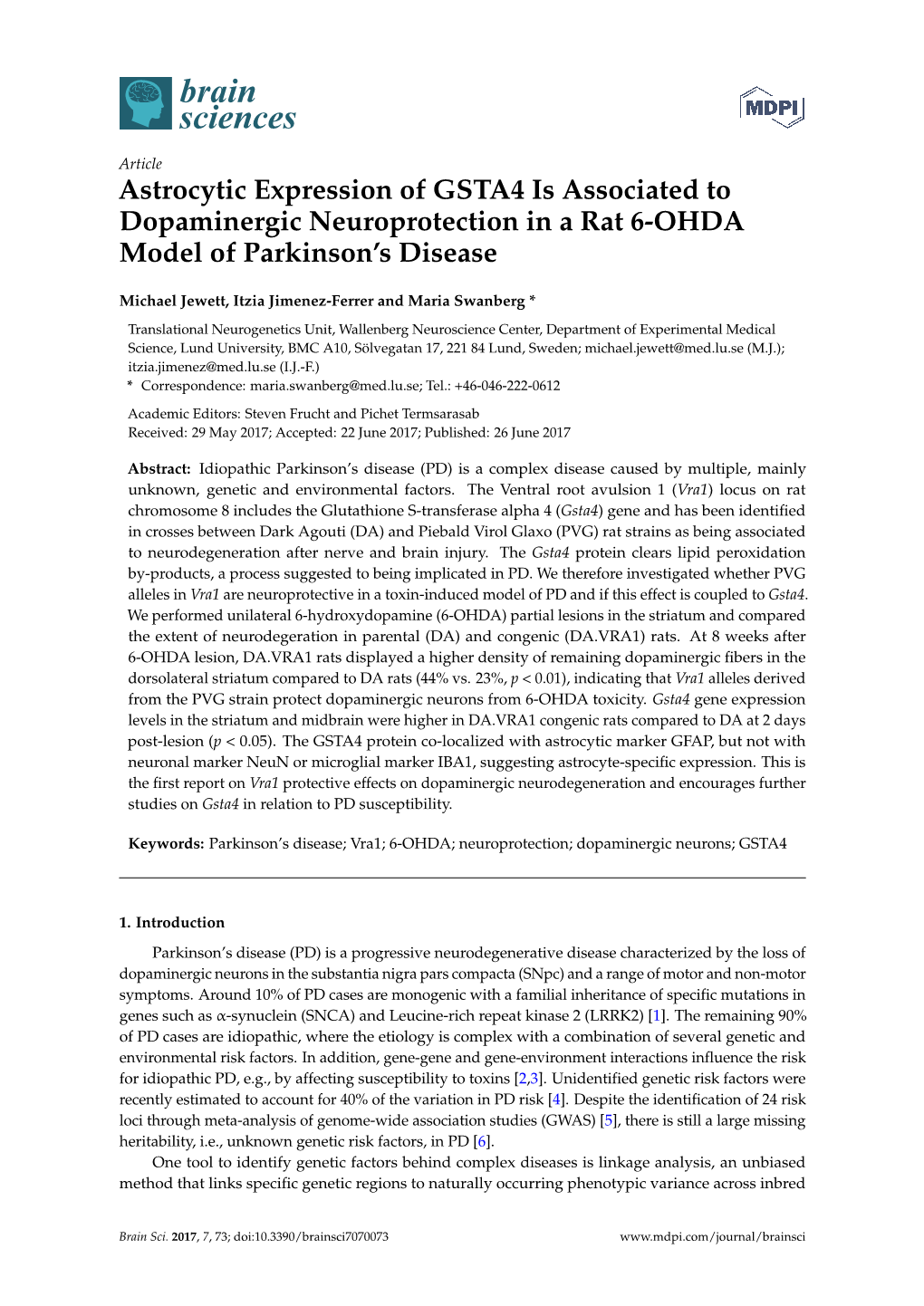 Astrocytic Expression of GSTA4 Is Associated to Dopaminergic Neuroprotection in a Rat 6-OHDA Model of Parkinson’S Disease