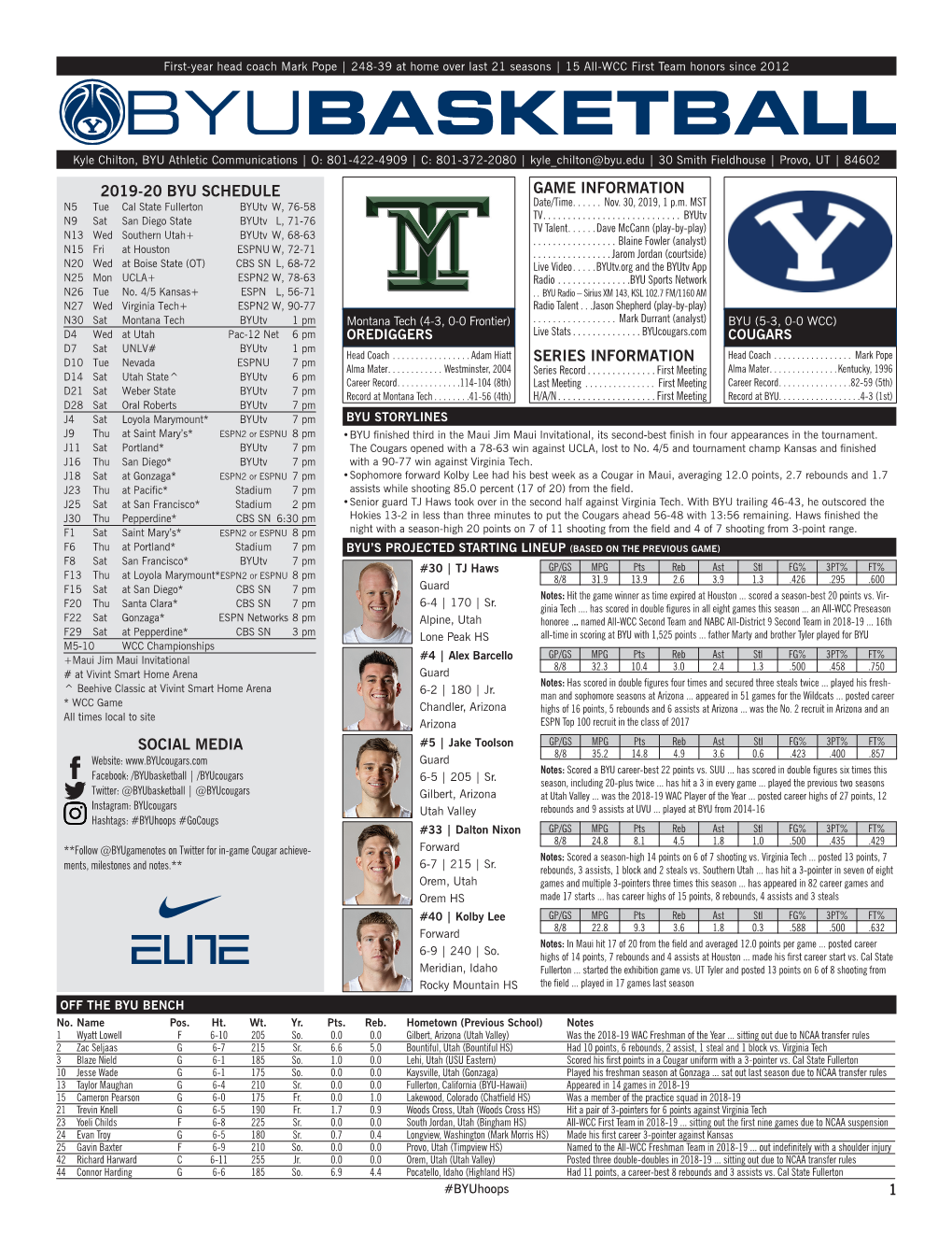 2019-20 Byu Schedule Social Media 1 Game Information