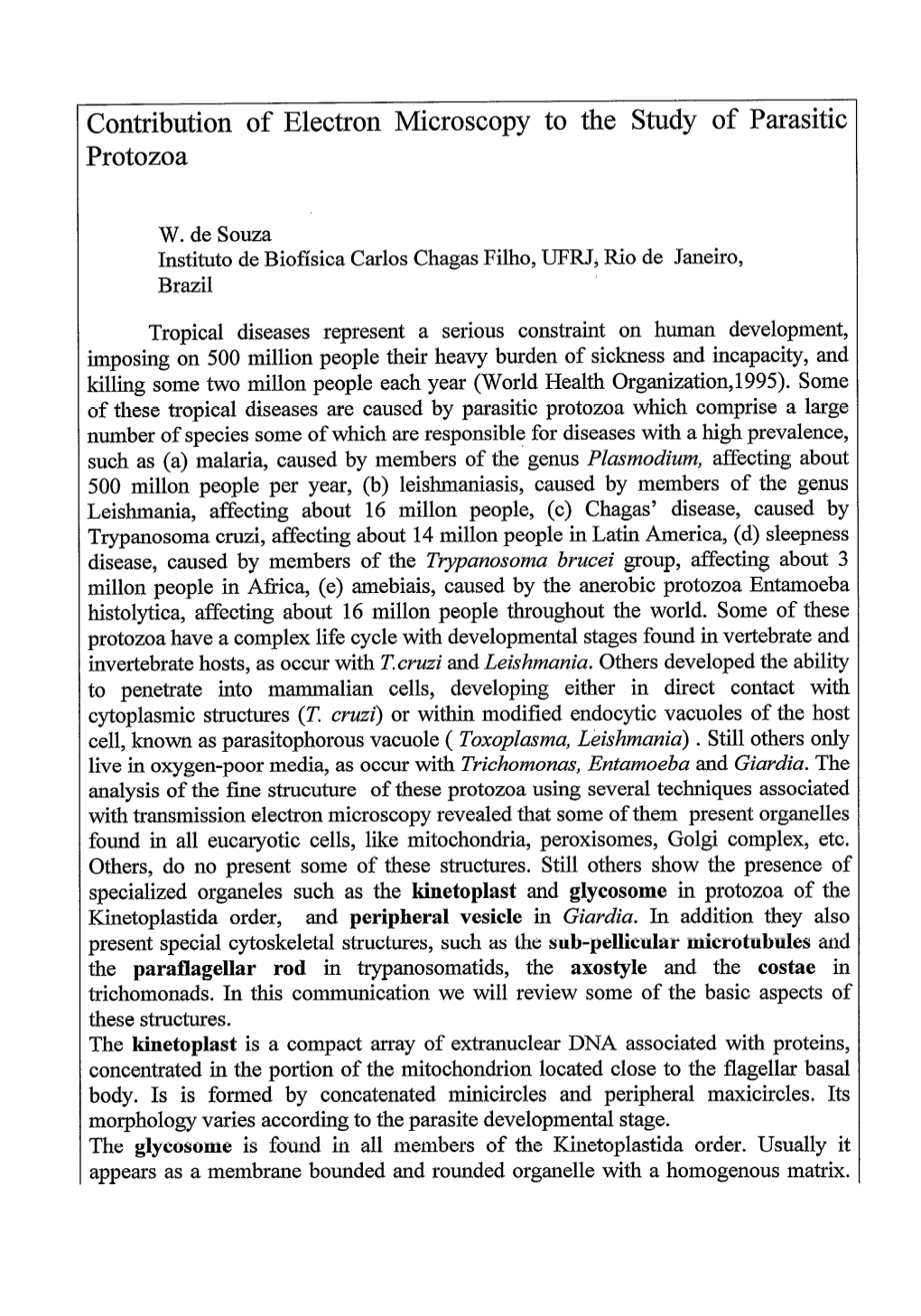 Contribution of Electron Microscopy to the Study of Parasitic Protozoa