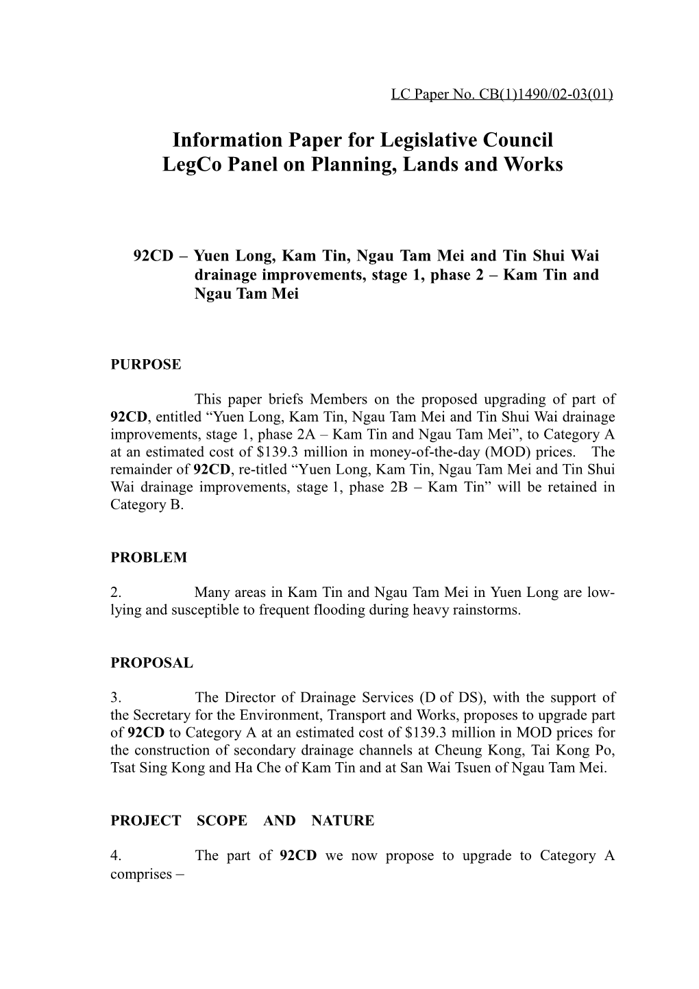 Information Paper for Legislative Council Legco Panel on Planning, Lands and Works