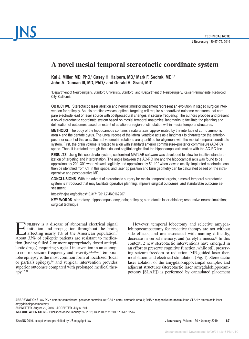 A Novel Mesial Temporal Stereotactic Coordinate System