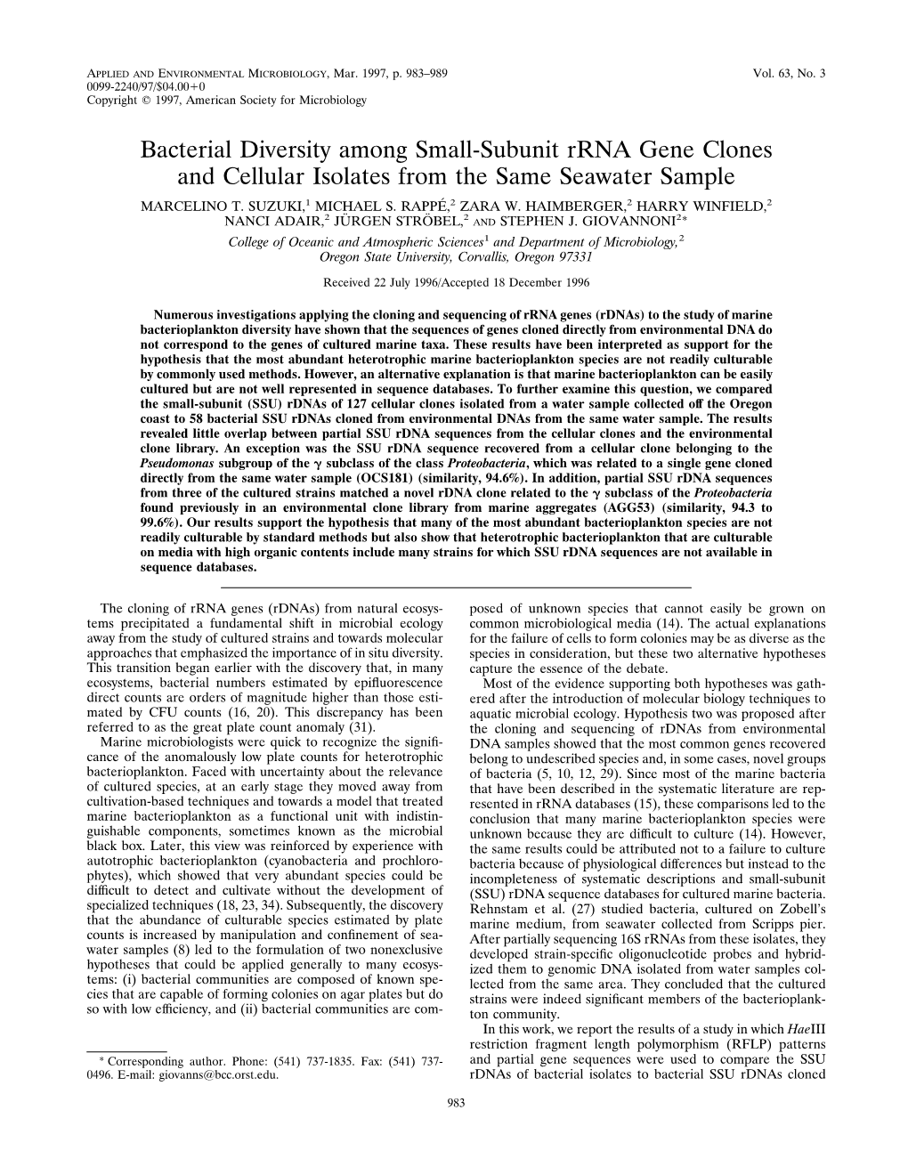 Bacterial Diversity Among Small-Subunit Rrna Gene Clones and Cellular Isolates from the Same Seawater Sample MARCELINO T