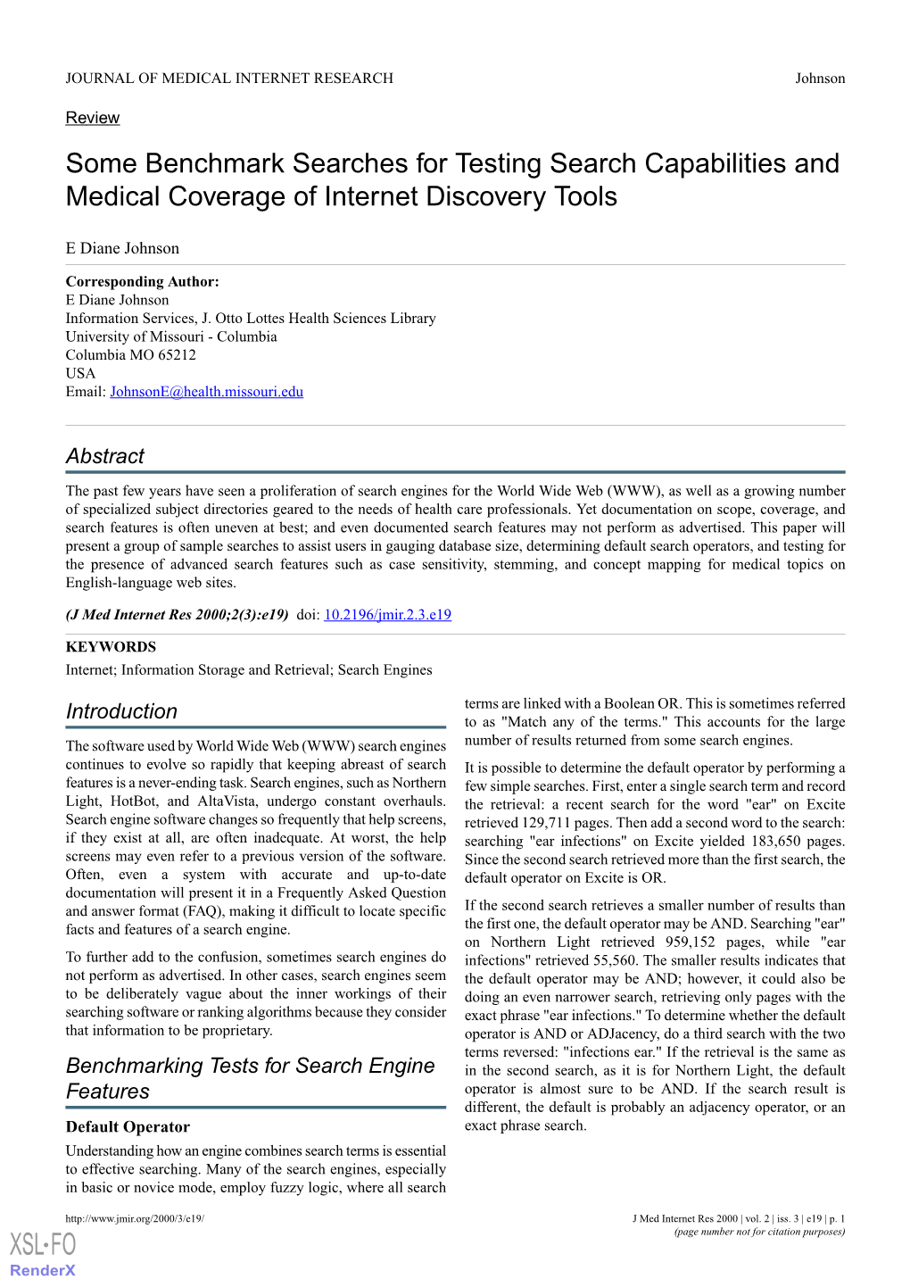 Some Benchmark Searches for Testing Search Capabilities and Medical Coverage of Internet Discovery Tools