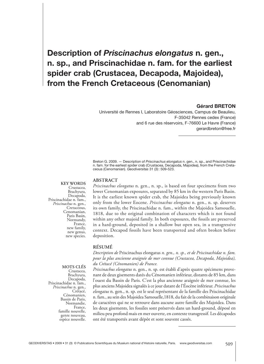 Description of Priscinachus Elongatus N. Gen., N. Sp., and Priscinachidae N