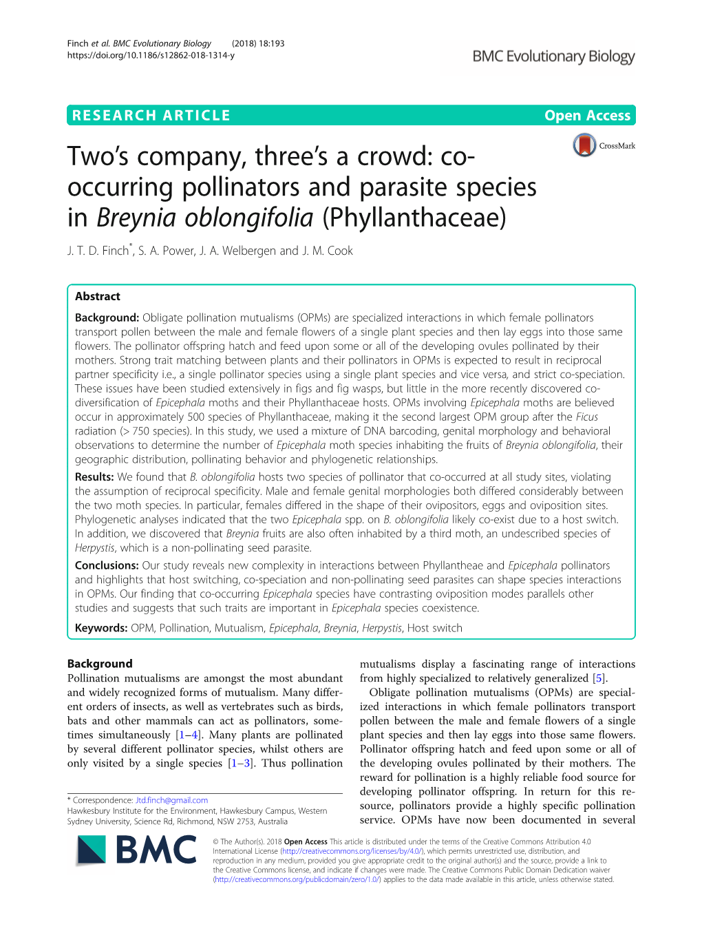 Co-Occurring Pollinators and Parasite Species in Breynia Oblongifolia