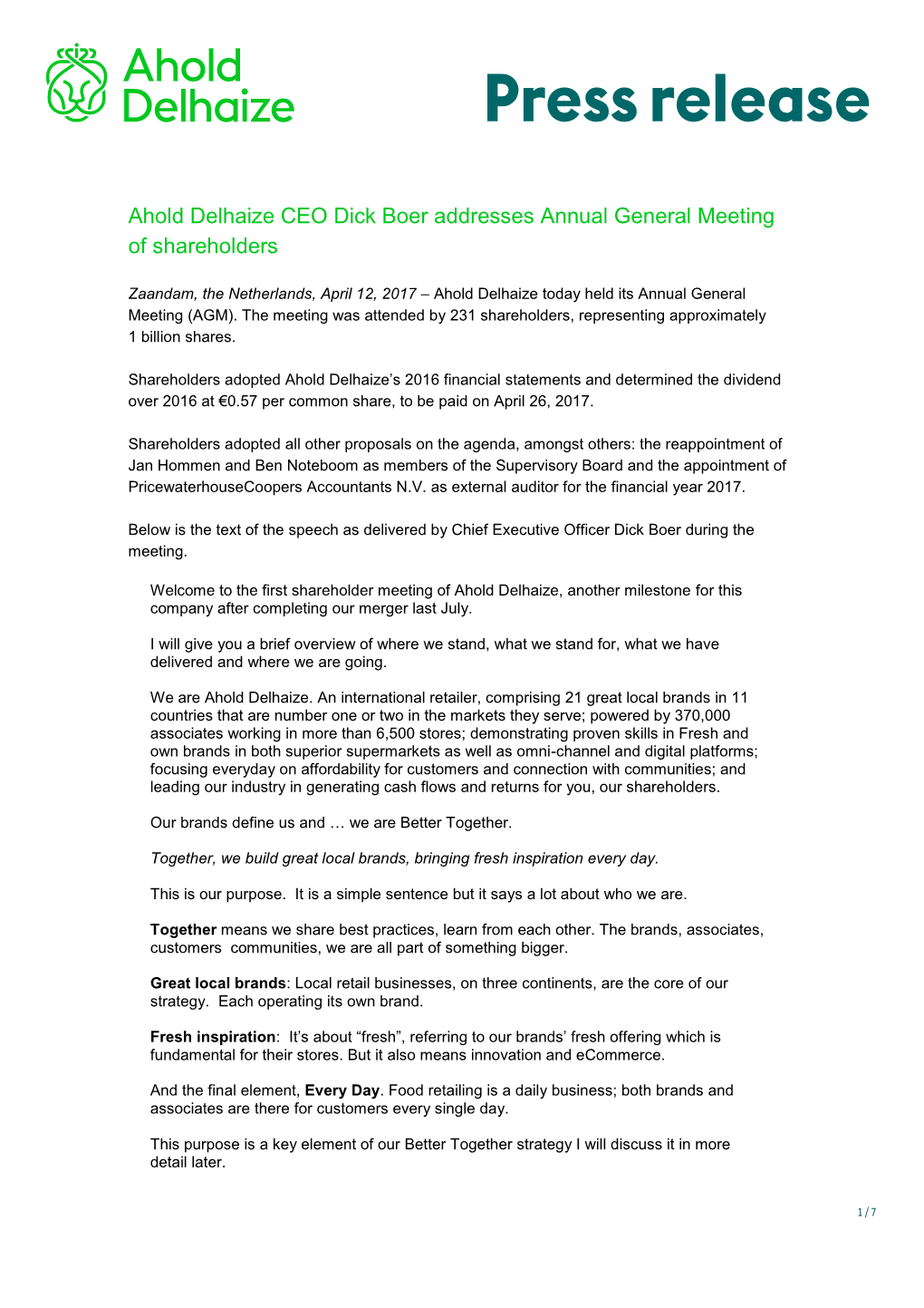 Ahold Delhaize CEO Dick Boer Addresses Annual General Meeting of Shareholders