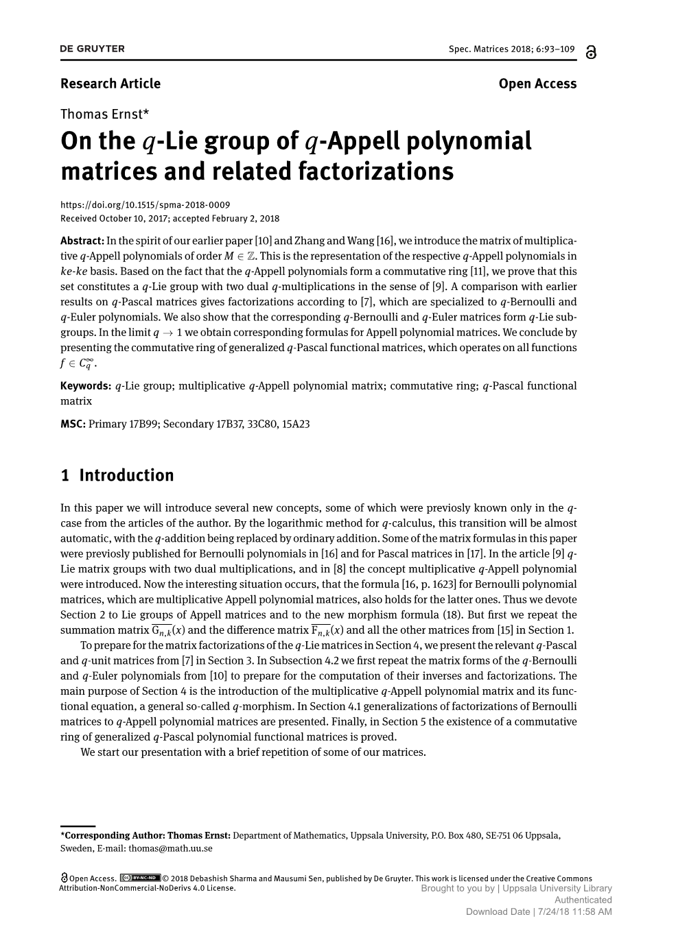 On the Q-Lie Group of Q-Appell Polynomial Matrices and Related