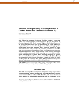 Variation and Repeatability of Calling Behavior in Crickets Subject to a Phonotactic Parasitoid Fly